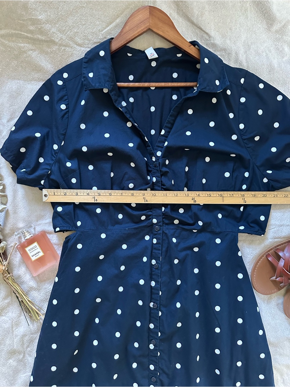 Navy Blue & White Polka Dot Button-Down Midi Dark Cottagecore Coastal Dress - Picture 2 of 9